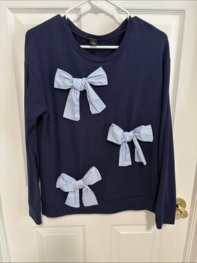Halogen Navy Pullover with Light Blue Striped Bow Accents